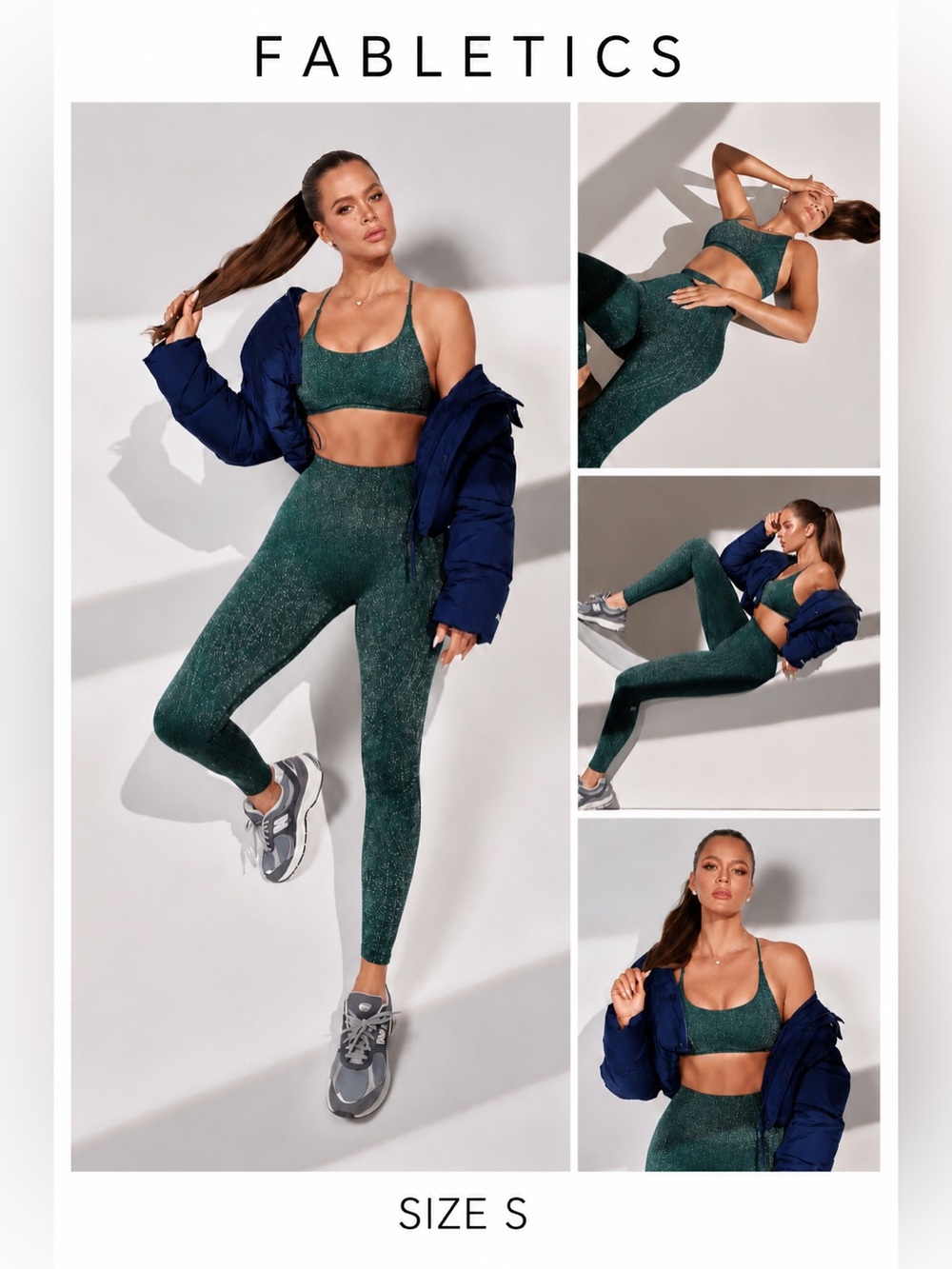NWOT Fabletics Dark Green Marble-Print High-Waist Leggings & Strappy Bra Size S
